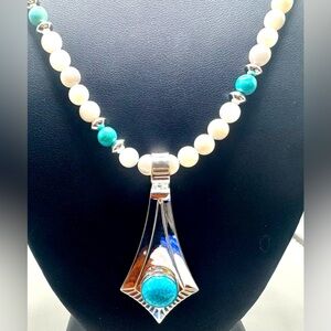 Jay King Mine Finds Sterling Silver Turquoise and MOP Pendant Beaded Necklace